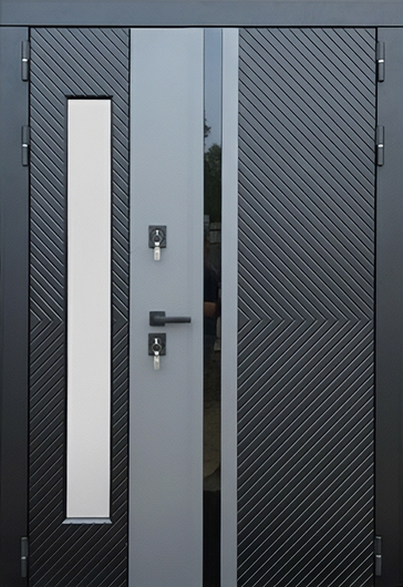 Полуторная остекленная термодверь с двухцветными серыми панелями МДФ